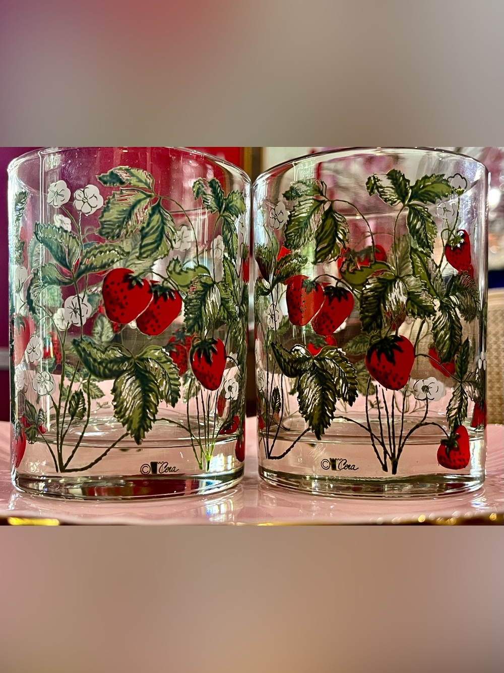 VTG Mid-Century Cera Glass Strawberry Rocks Glasses 2-Set Whiskey Tumblers CGP4